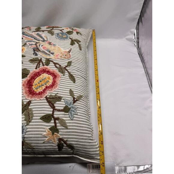 Rectangle Embroidered throw pillow beading striped floral Bird 14 X 22 Cottage - Picture 7 of 10